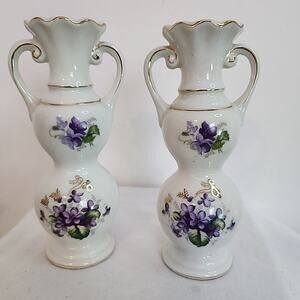 Vtg Fern Importation Handpainted Violets Gold Details Japan Pair Of Bud Vases